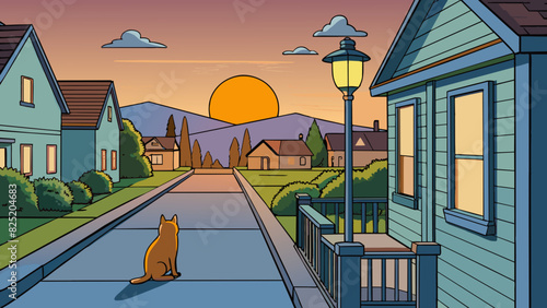 As the sun sets the streetlights flicker on casting a warm glow on the quiet suburban neighborhood. A cat lazily stretches on a porch basking in the. Cartoon Vector.