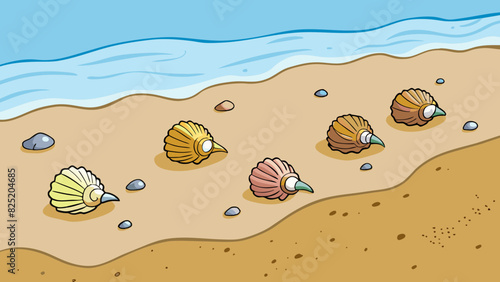As the tide recedes tiny seashells start to arise from the wet sand. Each one is unique in its shape and color tered like precious jewels along the. Cartoon Vector.