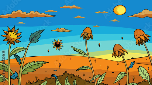 As the sun sets earlier the sky takes on a deeper richer hue of blue. The once vibrant flowers now wilt and droop giving way to dried crackly seed. Cartoon Vector.