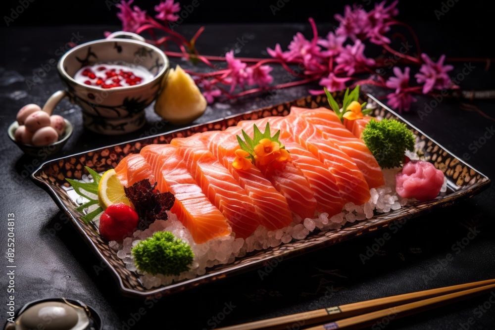 Delicious sashimi on a metal tray against a patterned gift wrap paper background