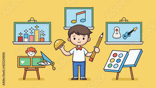 A student is faced with the decision of which elective class to take. They are interested in both art and music so they carefully weigh their options.. Cartoon Vector.