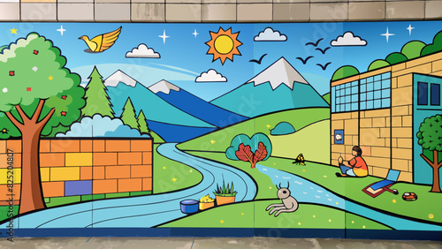 A student art project where students will be painting a mural on a wall in the schools courtyard. The mural will feature bright and vibrant colors. Cartoon Vector.