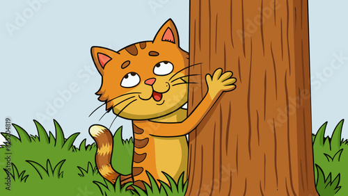 A stray cat rubs against a rough tree trunk its yellow eyes closed in content as it shows regard for the sy structure.. Cartoon Vector.