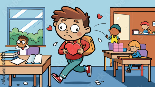 A student rushes to class heart racing as they realize they forgot their completed homework on their desk at home. They try to come up with an excuse. Cartoon Vector.