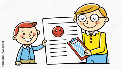 A student receives a piece of paper from their teacher with a perfect score and a smiley face. The paper is crisp with neat handwriting and a red mark. Cartoon Vector.