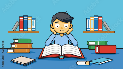 A student sitting in a library surrounded by open textbooks and notes with a look of concern on their face.. Cartoon Vector.