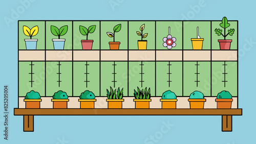 A table displaying the measurements and characteristics of different plants in a garden including the plants height average number of leaves and. Cartoon Vector.