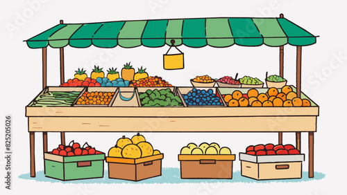 A table at a farmers market filled with baskets of vibrant freshly picked fruits and vegetables. The objects illustrate characteristics of freshness. Cartoon Vector.