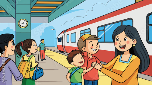 At a busy train station a mother and her child happily reunite with their loved ones who have been away on a long trip. The childs face lights up with. Cartoon Vector.