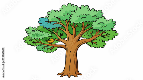 A tall and sy oak tree with thick spreading branches and vibrant green leaves. The bark is rough and textured and theres a small birds nest perched on. Cartoon Vector. photo