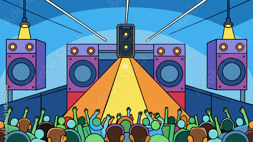 At a concert speakers line the stage producing loud and vibrant music that fills the crowded arena. The speakers are sleek and modernlooking with. Cartoon Vector.