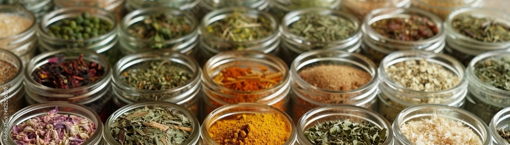 Selection of herbal blends or mixtures in small containers, with individual herbs displayed alongside Selection of herbal blends or mixtures in small containers, with individual herbs displayed alongside