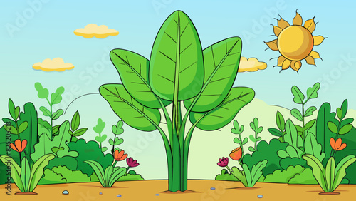A tall green plant with large broad leaves that grows in a garden. It requires plenty of sunlight and water to thrive and produces colorful flowers in. Cartoon Vector.
