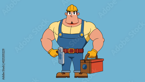 A tall muscular person with a serious expression wearing a uniform and holding a tool belt as they work on repairing a broken machine.. Cartoon Vector.