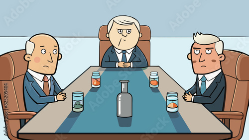 A tense meeting takes place in a corporate boardroom as two rival companies come together to discuss a business merger. The sleek polished table. Cartoon Vector.