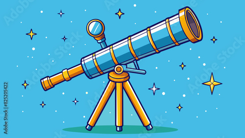 A telescope pointed towards the night sky captures images of bright stars and distant galaxies. The telescope is equipped with lenses and mirrors to. Cartoon Vector.
