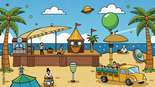 A theme party with decorations and props that transport guests to a different time or place. A tropical beach party with palm trees and tiki huts a. Cartoon Vector.