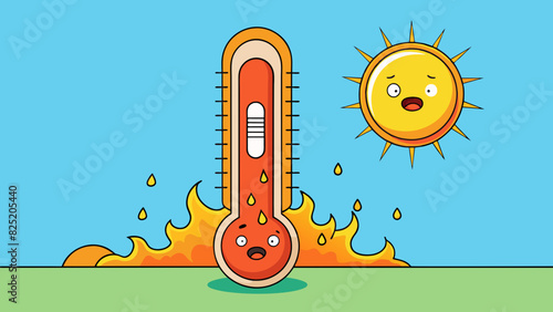 A thermometer on a hot summer day rising higher and higher as the temperature continues to climb. The mercury inside expands indicating the intensity. Cartoon Vector.