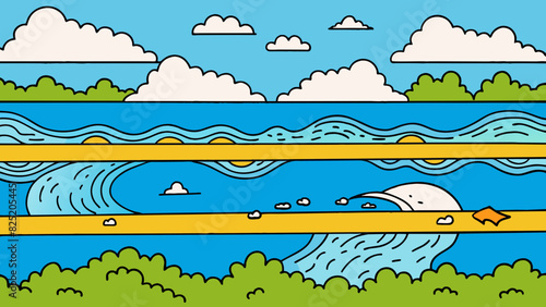 A thick bold line drawn horizontally across a canvas dividing the sky from the sea in a seascape painting.. Cartoon Vector.