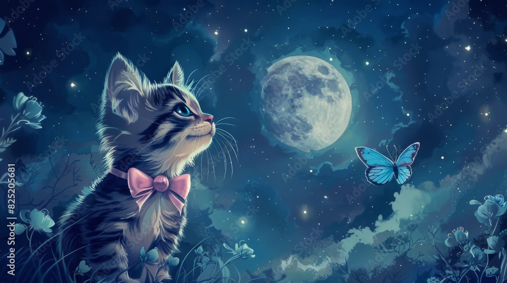 Fototapeta Cute kitten watching a butterfly under the moon