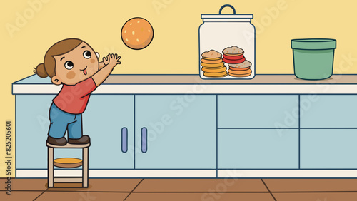 A toddler standing on their tiptoes trying to reach the cookie jar on the kitchen counter. The childs reach is limited by their height and balance but. Cartoon Vector.