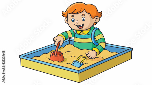 A toddler plays in a sandbox their chubby fingers scooping and shaping the sand. They wear a bright mismatched outfit and a big smile on their face as. Cartoon Vector.