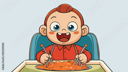 A toddler son sitting in his highchair covered in spaghetti sauce and giggling as he smacks his hands on the tray. His are rosy from the excitement of. Cartoon Vector.