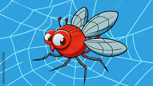 A tiny redeyed fly with transparent wings delicately landing on a spiders web.. Cartoon Vector.