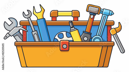 A toolbox filled with various sized and shaped tools including a hammer screwdriver and wrench perfect for helping with household repairs.. Cartoon Vector.