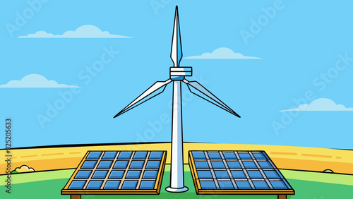 A towering wind turbine stands tall against the horizon its large blades rotating gracefully with the wind. The turbine is supported by a sy metal. Cartoon Vector.