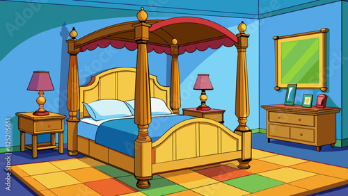 A traditional bedroom features a large fourposter bed made of sy wood with a quilted duvet and plump pillows. The room is lit by a vintage bedside. Cartoon Vector.