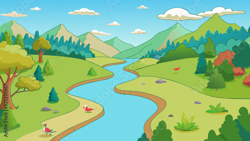 A tranquil and picturesque river valley with crystalclear water winding its way through the verdant landscape. Lush vegetation hugs the river banks. Cartoon Vector.