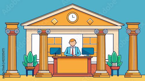 A traditional bank with a grand entrance and tall marble columns. Inside there are wooden counters and imposing desks for bank officers. The walls are. Cartoon Vector.