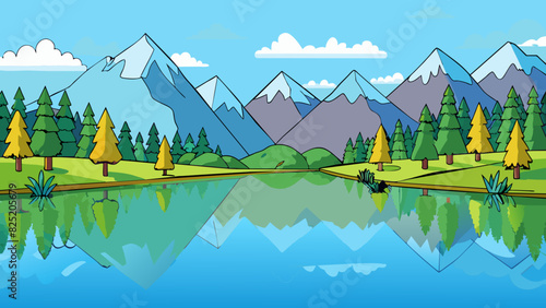 A tranquil lake its calm surface reflecting the surrounding trees and mountains appearing like a mirror.. Cartoon Vector.