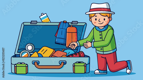 A traveler packing for a trip and organizing all their clothes into a suitcase.. Cartoon Vector.