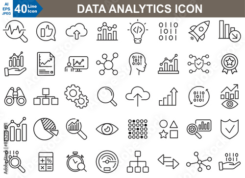 Data analytics icons set in vector format, designed for use in Illustrator. Perfect for visualising data insights, trends, and analysis.