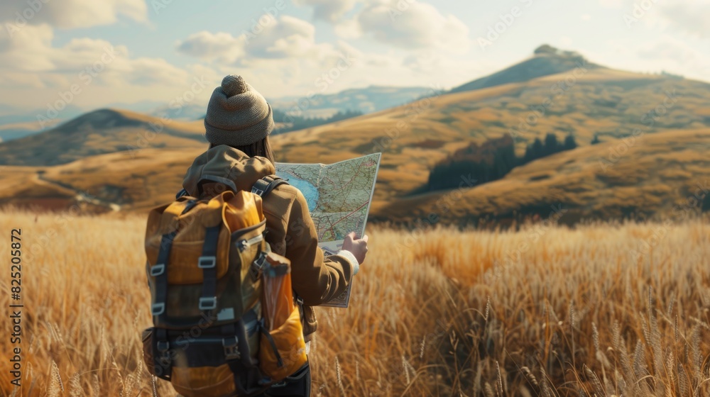 Solo Backpacker Navigating with Map in Autumn Countryside, sport winner travel vacation concept Solo Backpacker Navigating with Map in Autumn Countryside, sport winner travel vacation concept