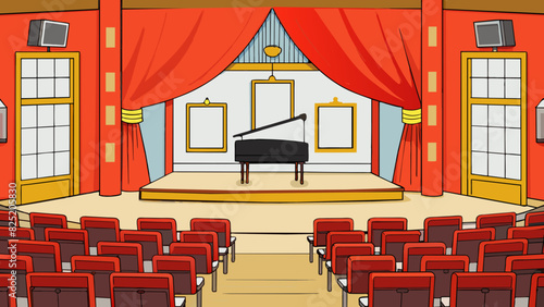At the entrance of the institutions auditorium large posters advertising upcoming events were displayed on the walls. Inside the stage was adorned. Cartoon Vector.