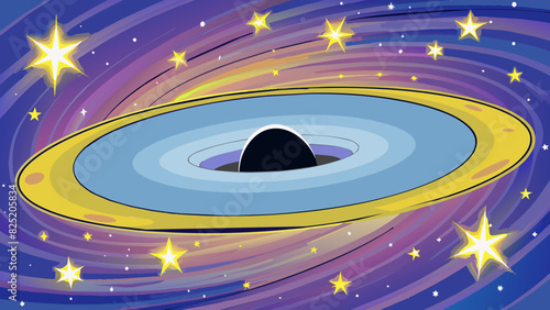 At the center of a of stars in a galaxy there is a powerful and dense black hole pulling in all matter and exerting an immense gravitational force.. Cartoon Vector. photo