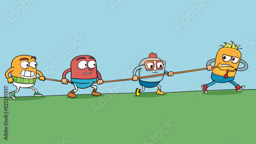 A tugofwar between two teams each fiercely pulling on their side of the rope determined to win.. Cartoon Vector.