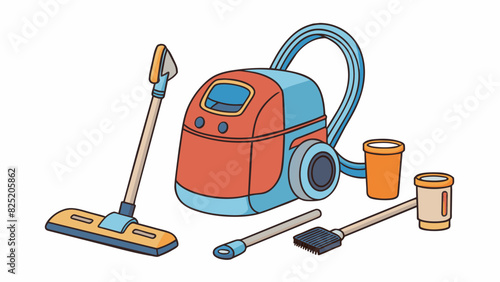 A vacuum cleaner must have a minimum of 3 attachments for different surfaces including a crevice tool and upholstery brush.. Cartoon Vector.