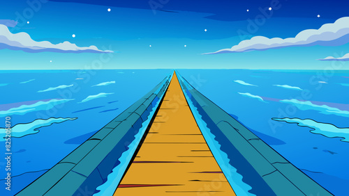 A vast ocean stretching out as far as the eye can see its deep blue waters merging with the distant horizon.. Cartoon Vector.