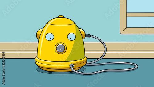 A vibrant yellow object rests on a countertop no longer pulsing with energy. The cord winding out of it is now unplugged leaving the once noisy. Cartoon Vector.