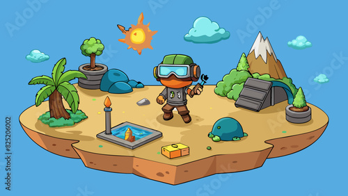 A virtual reality survival game set on a deserted island where the player must scavenge for food build shelter and fend off dangerous creatures. The. Cartoon Vector. photo