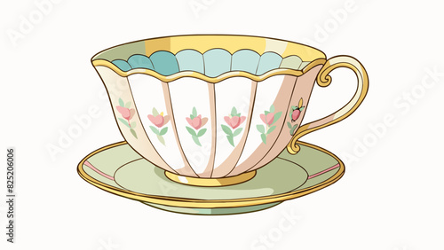 A vintage teacup made of delicate bone china featuring a delicate fluted design and a gold rim. The surface is smooth and glossy with intricate floral. Cartoon Vector.