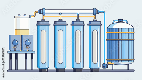 A water filtration system Made up of a series of pipes filters and a central tank. The pipes are sy and made of metal while the filters are. Cartoon Vector.
