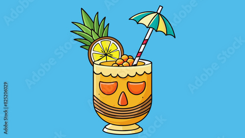 A vibrant tropicalcolored tiki glass filled with a tropical concoction of pineapple juice coconut cream and rum all topped with a mini umbrella and a. Cartoon Vector.