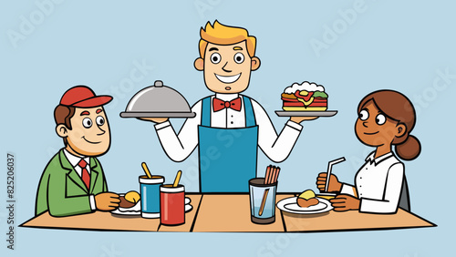A waiters role is to serve customers in a restaurant. They have excellent communication skills and are constantly on their feet carrying trays of food. Cartoon Vector.