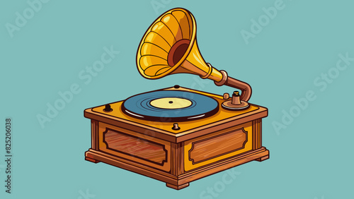 A vintage record player its smooth wooden exterior adorned with delicately carved details and its brass turntable adorned with intricate engravings.. Cartoon Vector.