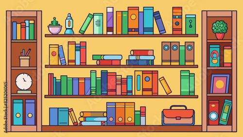 A wellorganized bookshelf filled with an assortment of colorful books and trinkets creating a visually appealing and inviting atmosphere.. Cartoon Vector.